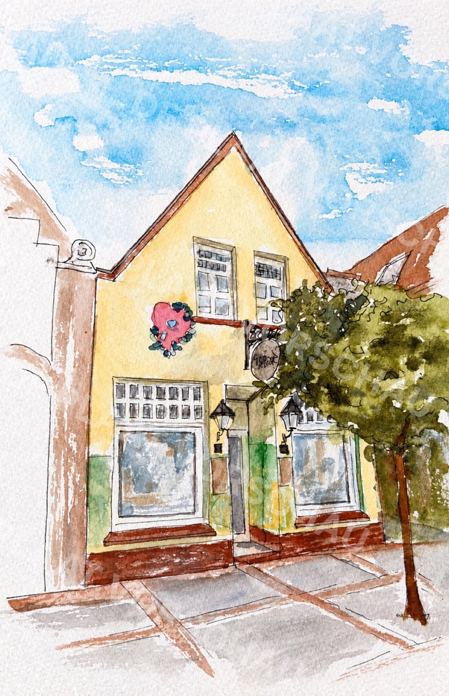 Aquarell vom De Plaat Haus in der Marktstraße in Esens