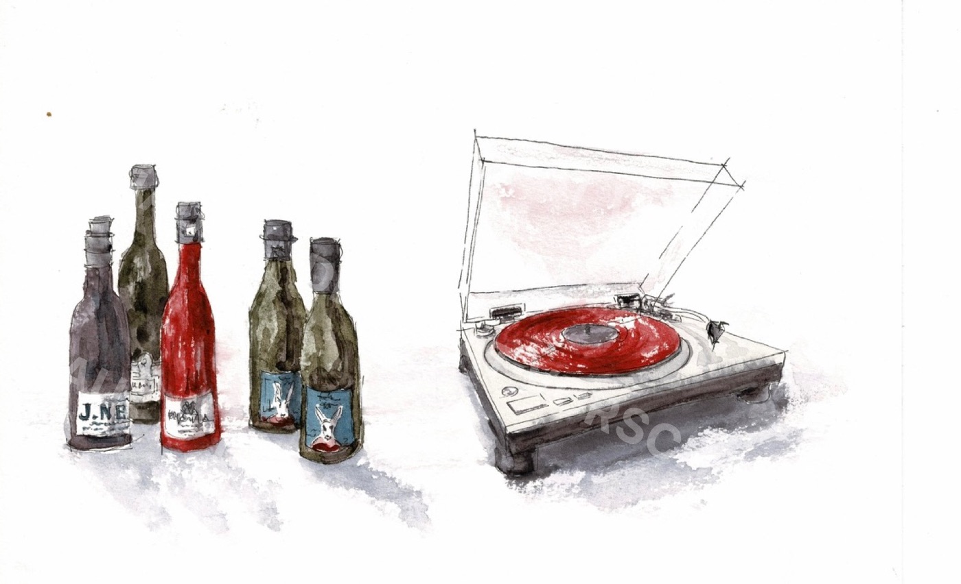 Aquarell mit Flaschen und Plattenspieler mit roter Schallplatte